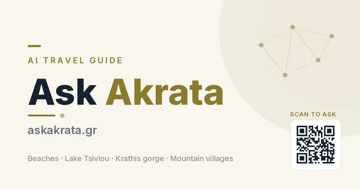Κάρτα του AskAkrata.gr — AI ταξιδιωτικός οδηγός για την Ακράτα, με κωδικό QR για άμεση πρόσβαση