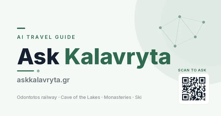 Κάρτα του AskKalavryta.gr — AI ταξιδιωτικός οδηγός για τα Καλάβρυτα, με κωδικό QR για άμεση πρόσβαση