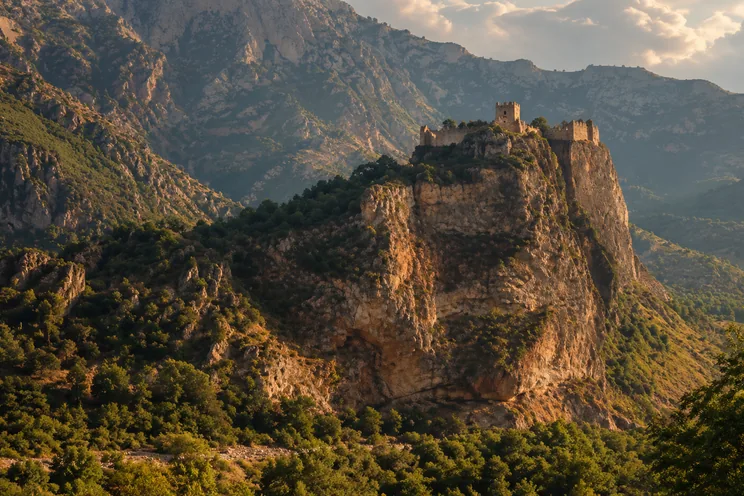Το Κάστρο της Ωριάς πάνω στον βράχο του Σαλμενίκου, με τις βουνοκορφές στο βάθος